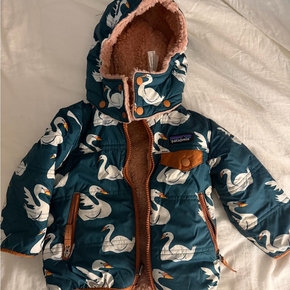 Patagonia Kids' (Girls) Fleece Lined Reversible Jacket Teal and Pink 12-18 month